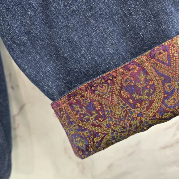 Vintage Denim Jacket Womens Large Jean Button Patchwork Paisley Red Gold - Picture 10 of 12